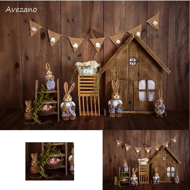 

Avezano Photography Backdrop Easter Bunny Rabbit Wooden House Flower Newborn Portrait Decor Background Photo Studio Photocall