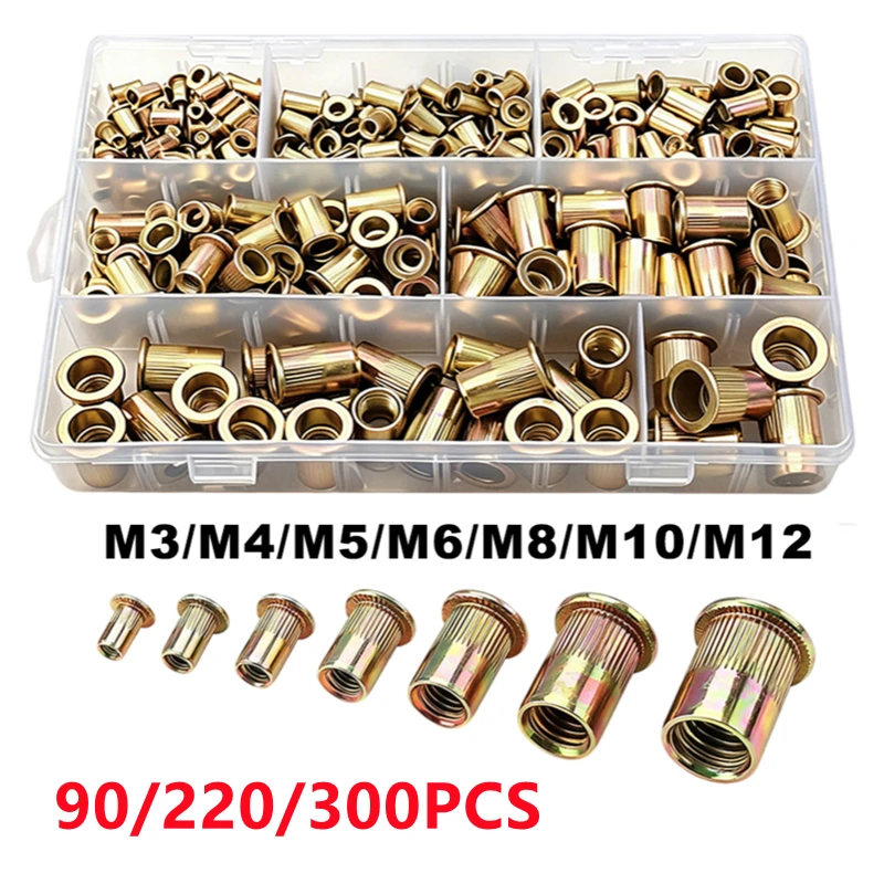 90/220/300PCS Rivet Nut Set Flat Head Threaded Rivet Insert Cap Nut Cover Blind Rivet Nut Rivnut Kit M3 M4 M5 M6 M8 M10 M12