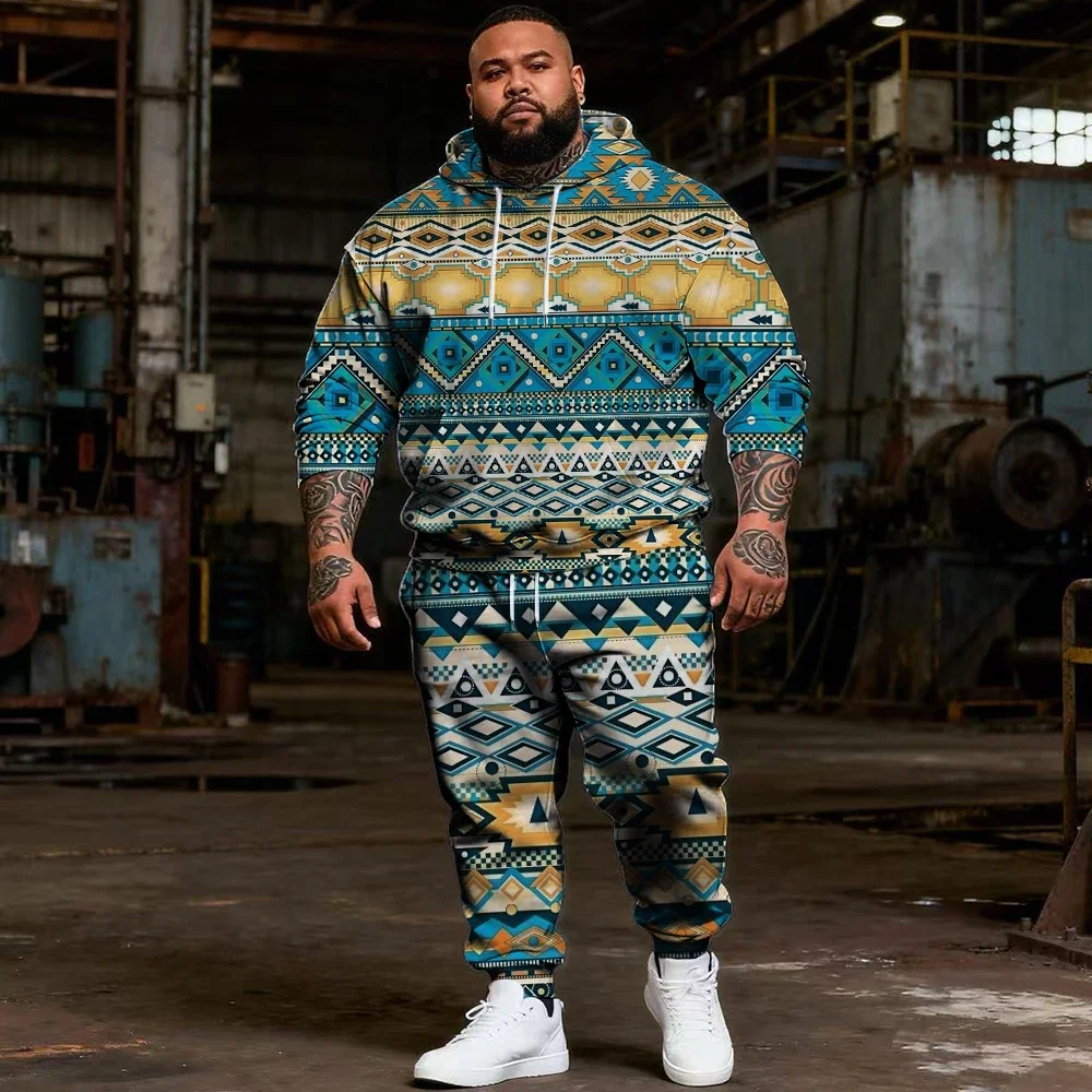 Men's Plus Size 2 Piece Pullover Hoodie and Jogger Pants Set, Allover Colorful Diamonds and Geometric Stripe Patterns, S-9XL