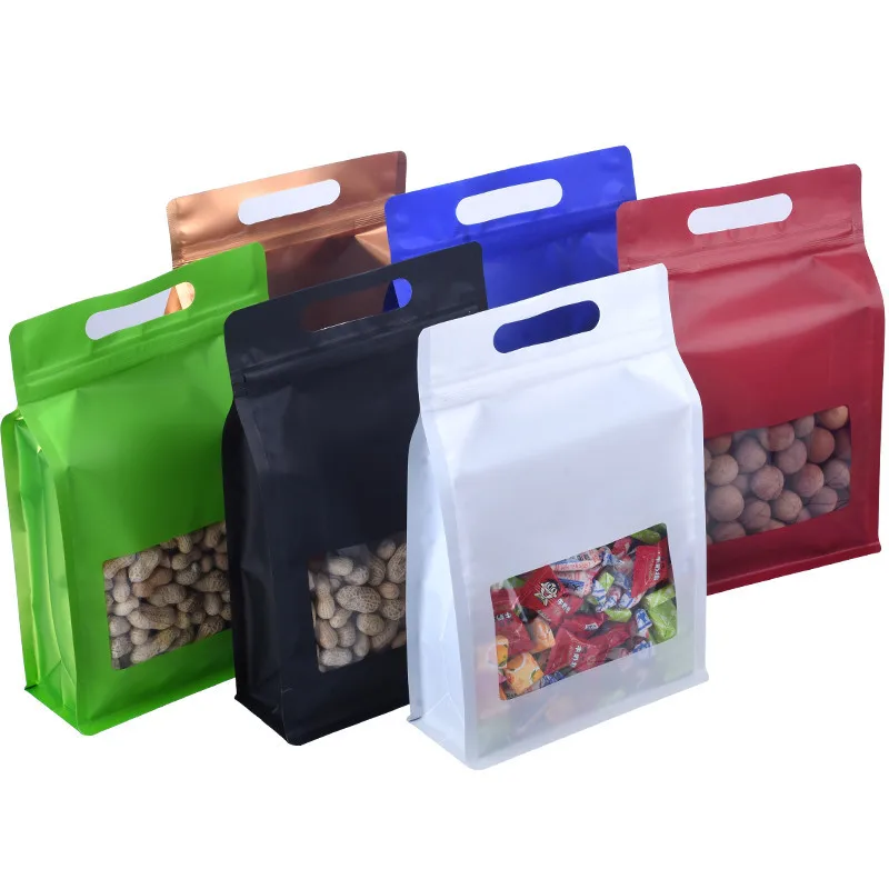 50PCS 3D Portable Aluminum Foil Window Ziplock Bags Matte Snack Coffee Beans Dried Fruits Spice Cereals Handle Packaging Pouches