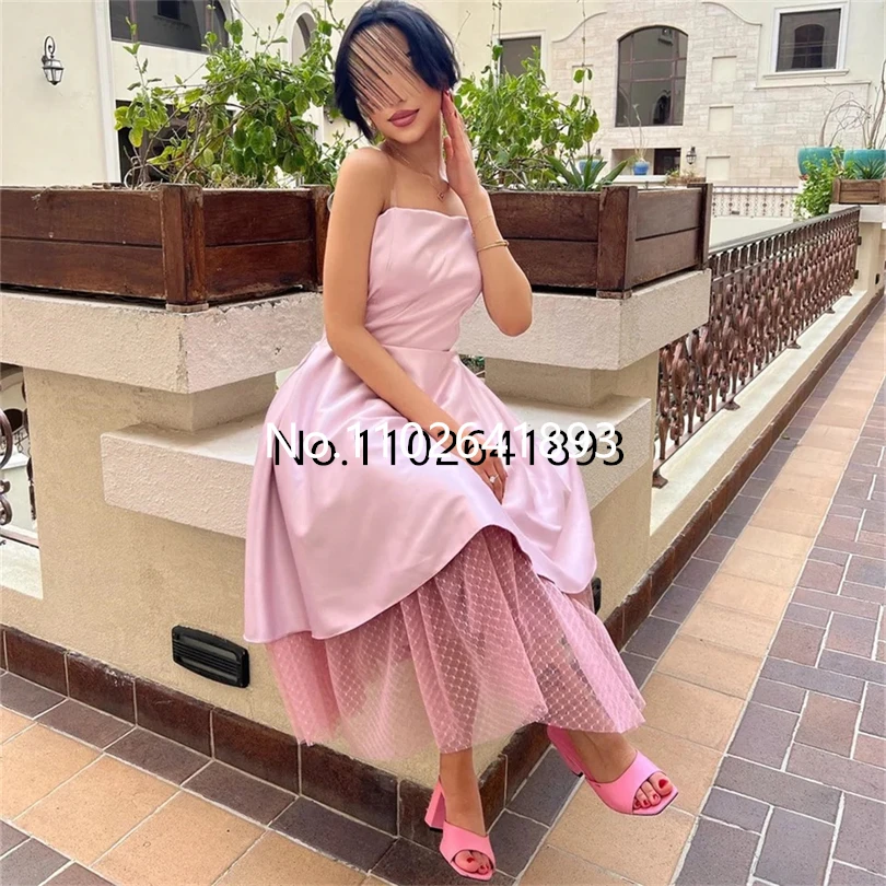 Nersesyan Saudi Arabic Pink Evening Dresses Strapless A Line Tulle Formal Party Gown Satin Knee-Length Homecoming Prom Dress