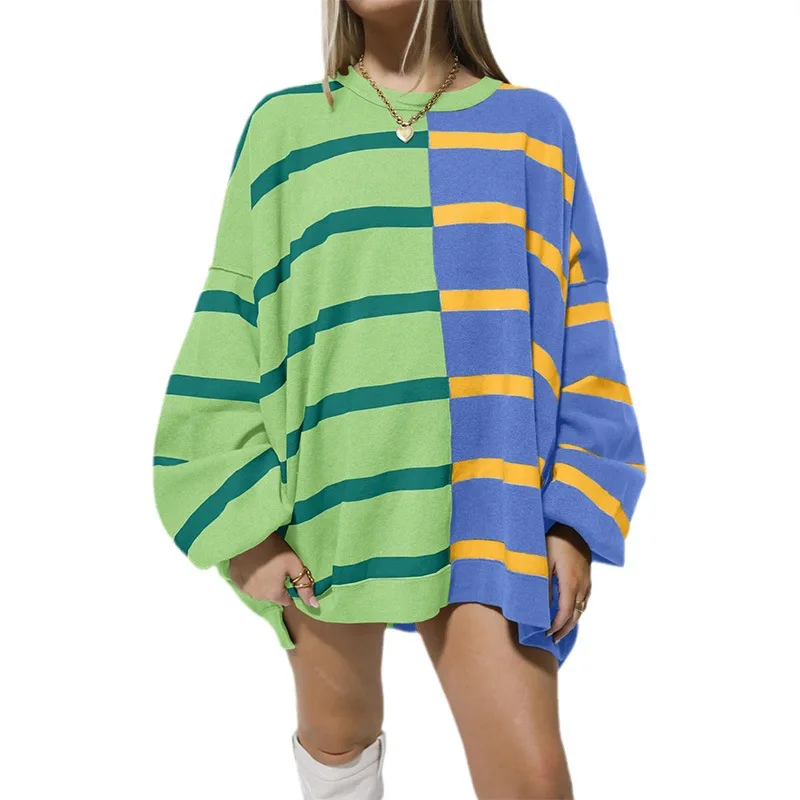 Autumn Winter Women's Color-blocked Striped Long-sleeved Sweatshirt New Round Neck Striped Knitted Long-sleeved Sweatshirt