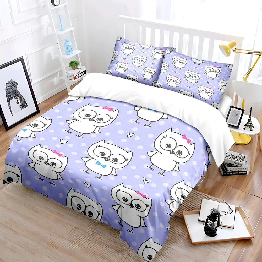 3PCS White owls on purple background Duvet Cover Set Digital Print Colorful Polyester Bedding with Zipper Closur for kids gifts