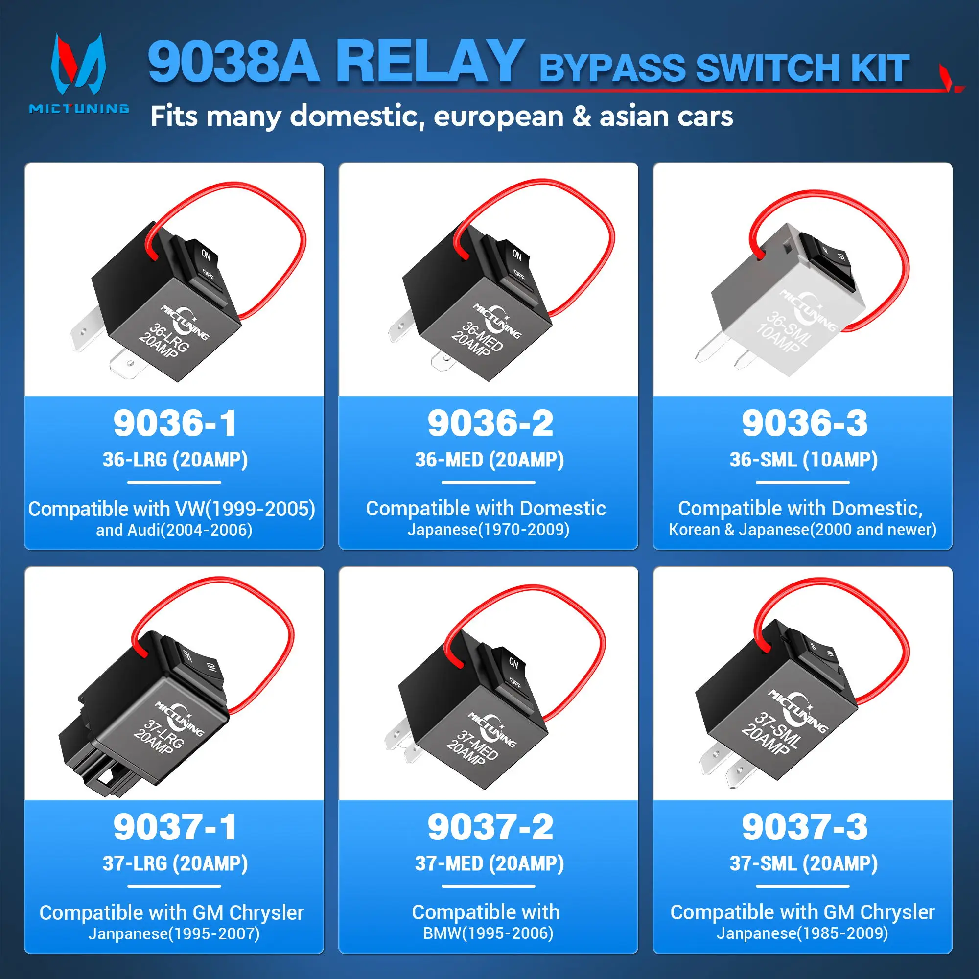 MICTUNING 6 Pack 9038A Relay Bypass Switch Kit with Amp Loop Diagnostic Scan Tool Fuel Pump Relay Bypass Master ON/OFF Switch