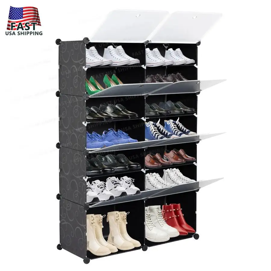 7-Tier Portable 28 Pair Shoe Rack Organizer 14 Grids Tower Shelf Storage Cabinet Stand Expandable for Heels Boots Slippers Blac