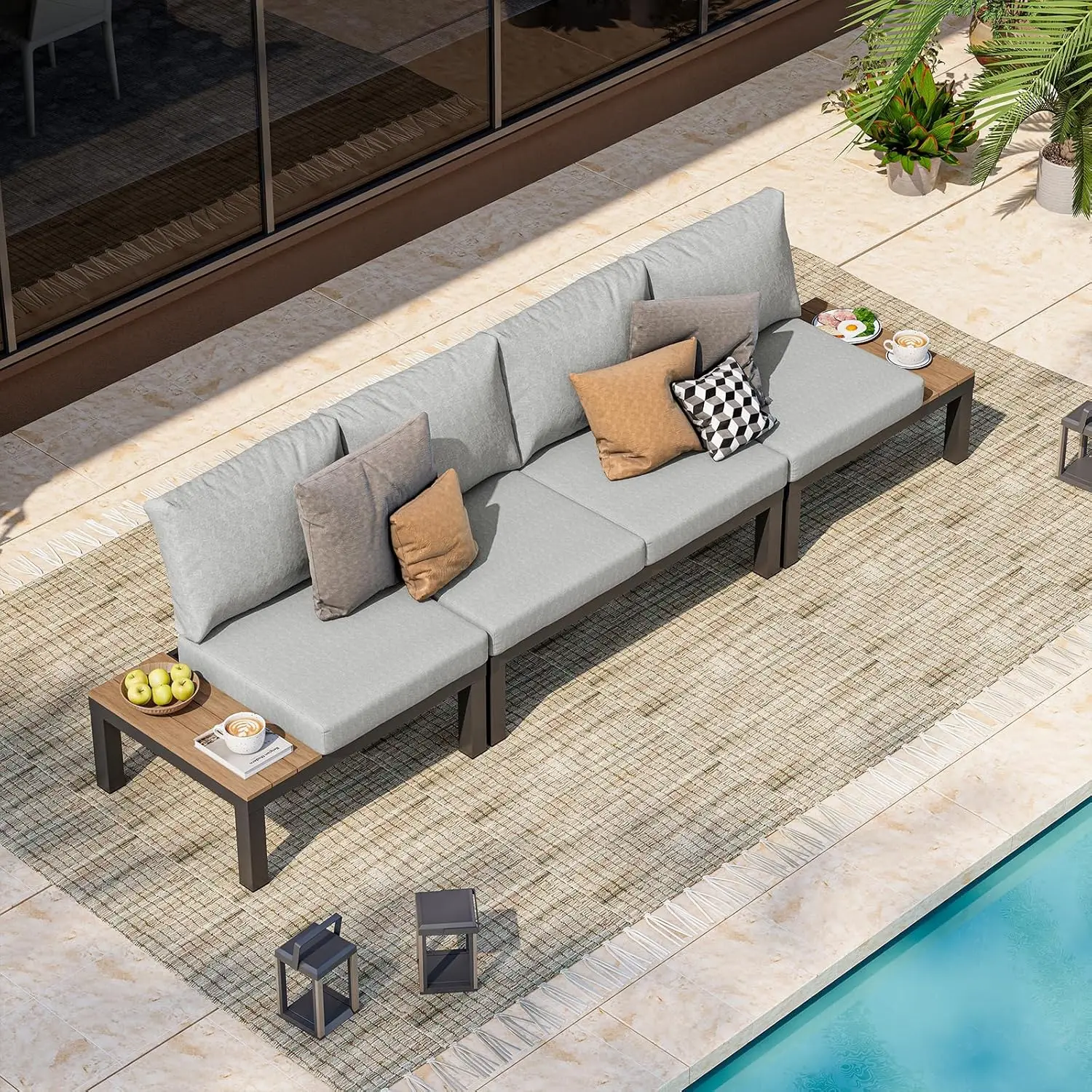 

Aluminum Outdoor Patio Furniture Set, 4 Seats Modular Patio Sectional Sofa Set with Adjustable Backrest & Removable, Customized