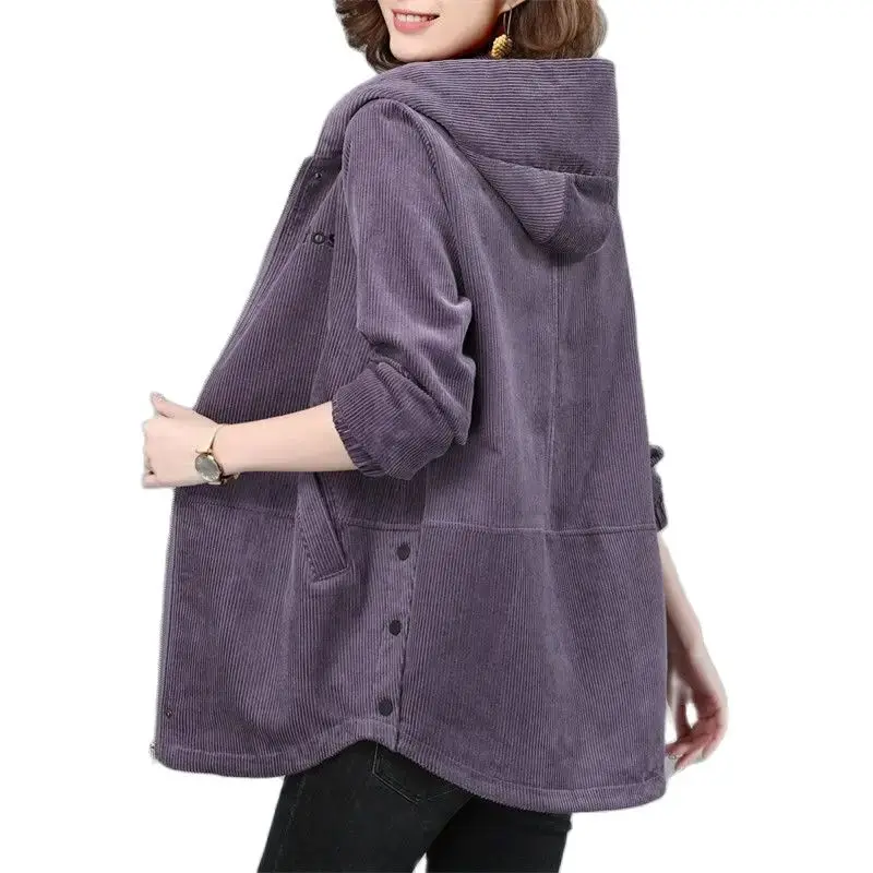 2024 Spring Autumn New Fashion Corduroy Zipper Jacket Female Hooded Loose Outwear Plus size 5XL Women\'s Casual Windbreaker Coat