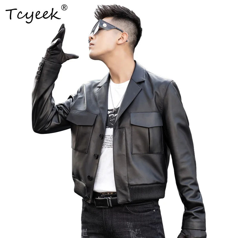 Tcyeek Top Layer Sheepskin Jacket Genuine Leather Jackets for Man Motorcycle Leather Jacket Short Outerwear 2026 New Veste Homme