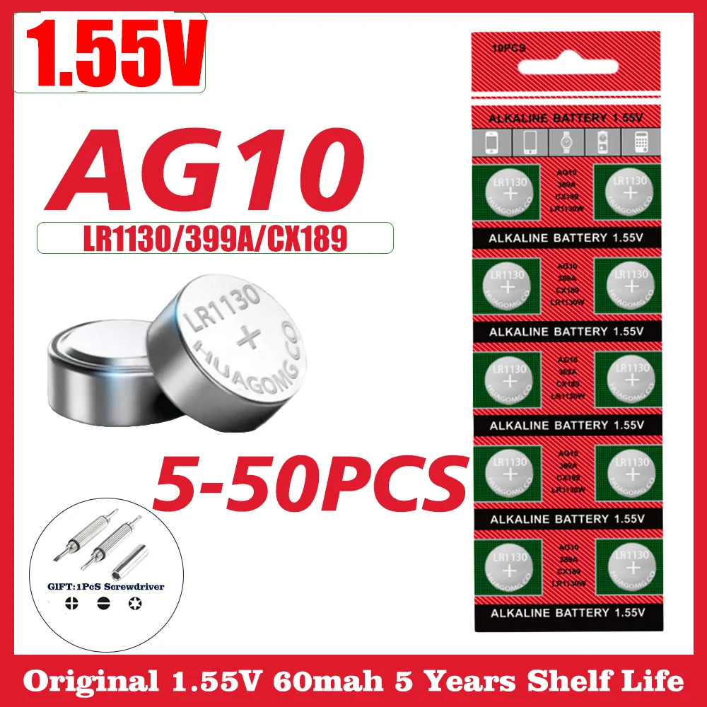 5-50Pcs AG10 1.55V Button Batteries LR1130 LR54 L1131 389A High Quality Alkaline Coins Cell Battery For Watch Toy Calculators