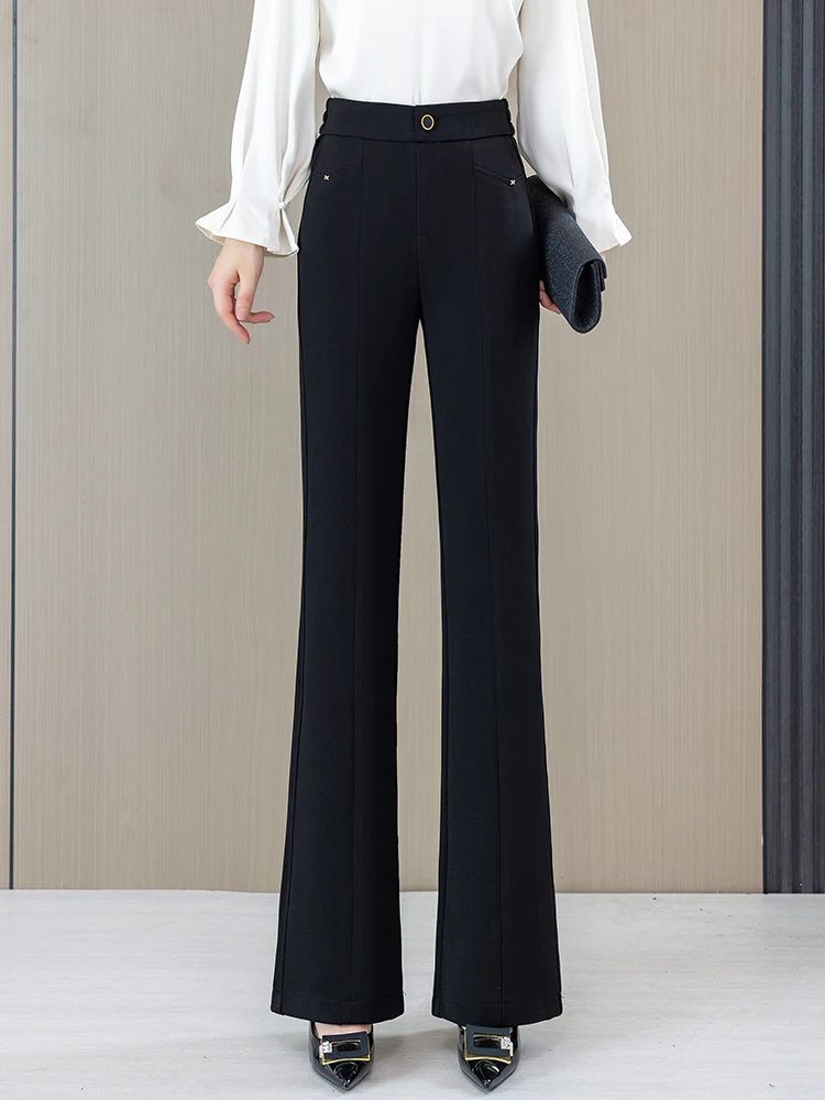 

High Waist Flared Pants Women's Spring Autumn Loose Fit Casual Trousers Elastic Waist Slim Straight Korean Style Polyester Fiber