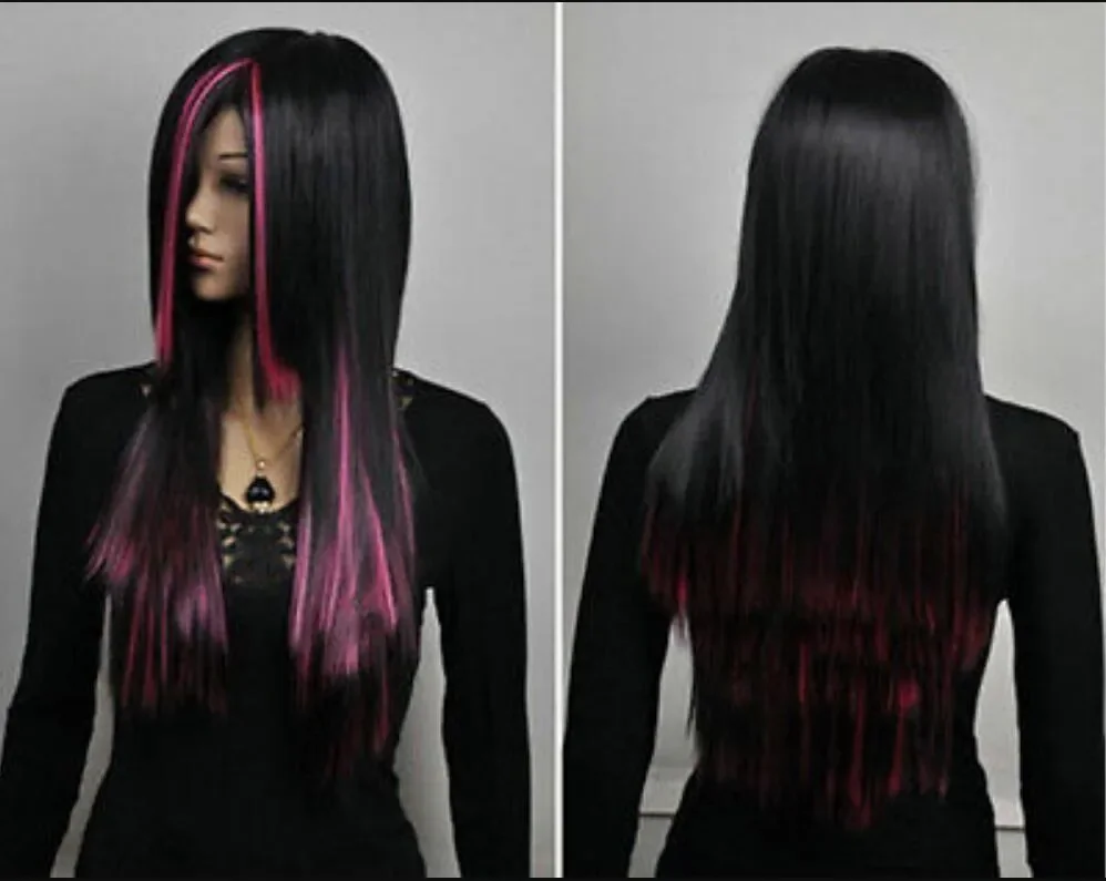 free shipping Lolita Women Long Straight Black Mixed Pink Heat Resistant Cosplay Full Hair Wig