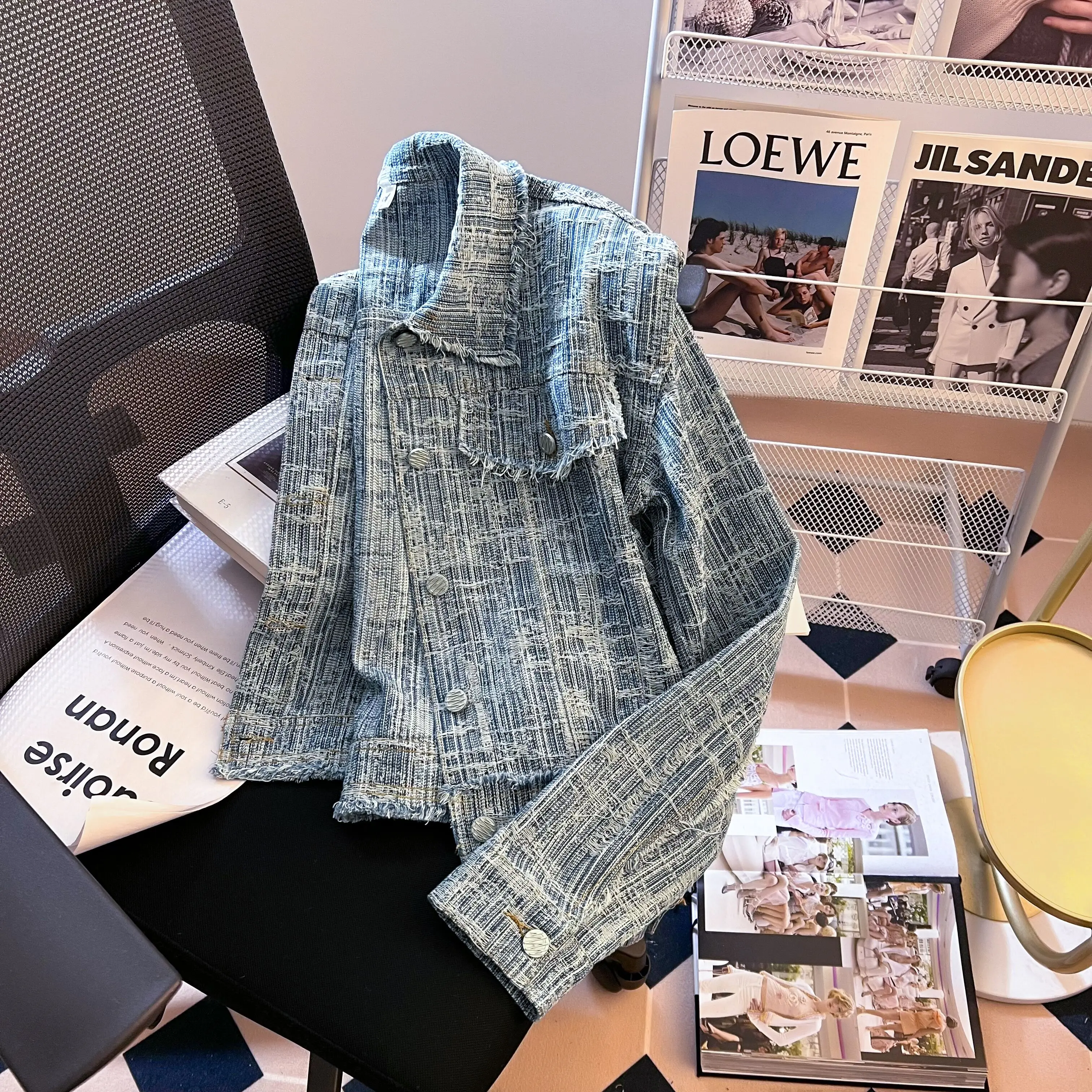 Elegant Patchwork DENIM แจ็คเก็ตแฟชั่นเดี่ยวขอบดิบสั้นเสื้อผู้หญิงฤดูใบไม้ผลิฤดูใบไม้ร่วง Turndown COLLAR หลวม TOP