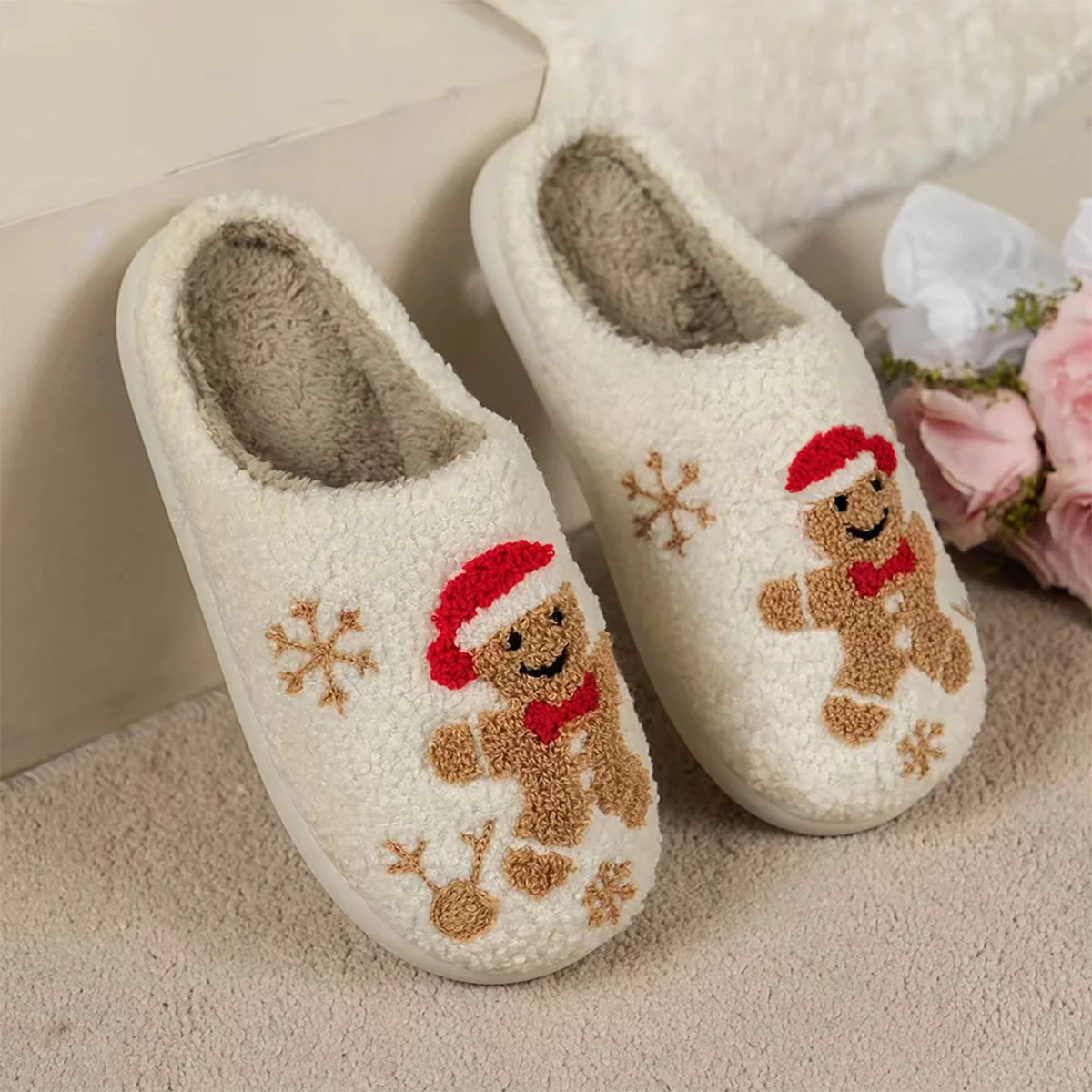 Winter Cartoon Slippers Women Christmas Warm Plush Furry Shoes Couple Slides House Indoor Non-slip Home Slippers Christmas Gifts