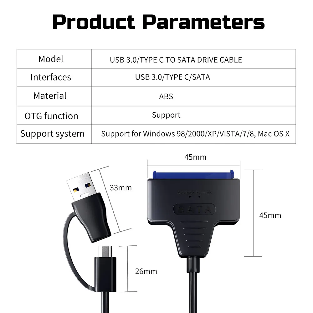 USB 3.0 to SATA/Type-C Cable USB to SATA III Driver Cable Support 2.5 Inch 6Gbps HDD SSD Hard Drive 22-Pin Adapter