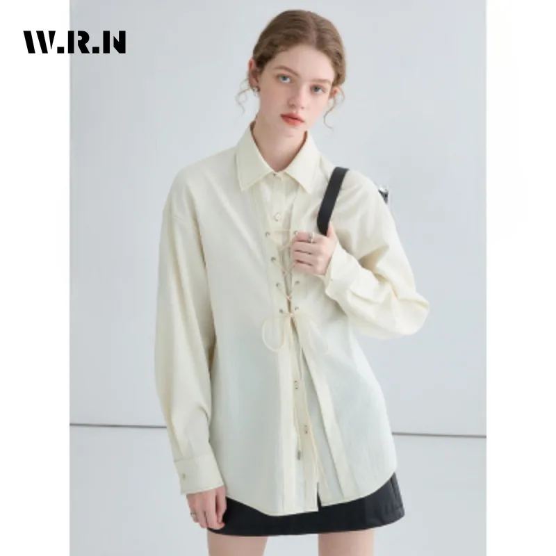 

2023 Women Blouses Lapel Design Long Sleeve Vintage Tie Up Shirts Oversize Harajuku Y2k Streetwear Fashion Blouses Tops Y2K