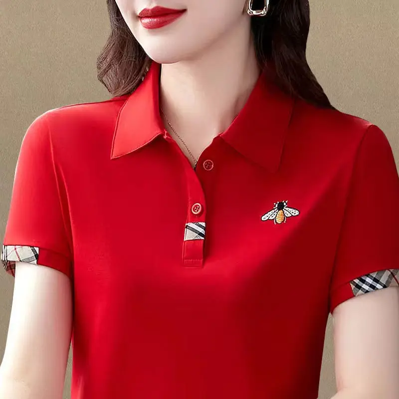 Lapel Cotton Tops Casual Short Sleeve T-shirt Women's Summer 2023 New Polo Shirt High Quality Female Black Red Slimming T-shirts