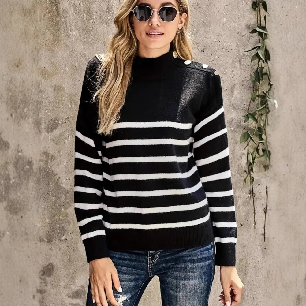 Women's Clothing  Pulls Femmes Knitted Sweaters High Neck Pullover Shoulder Straps Button Striped Sweater All-match Simple Style