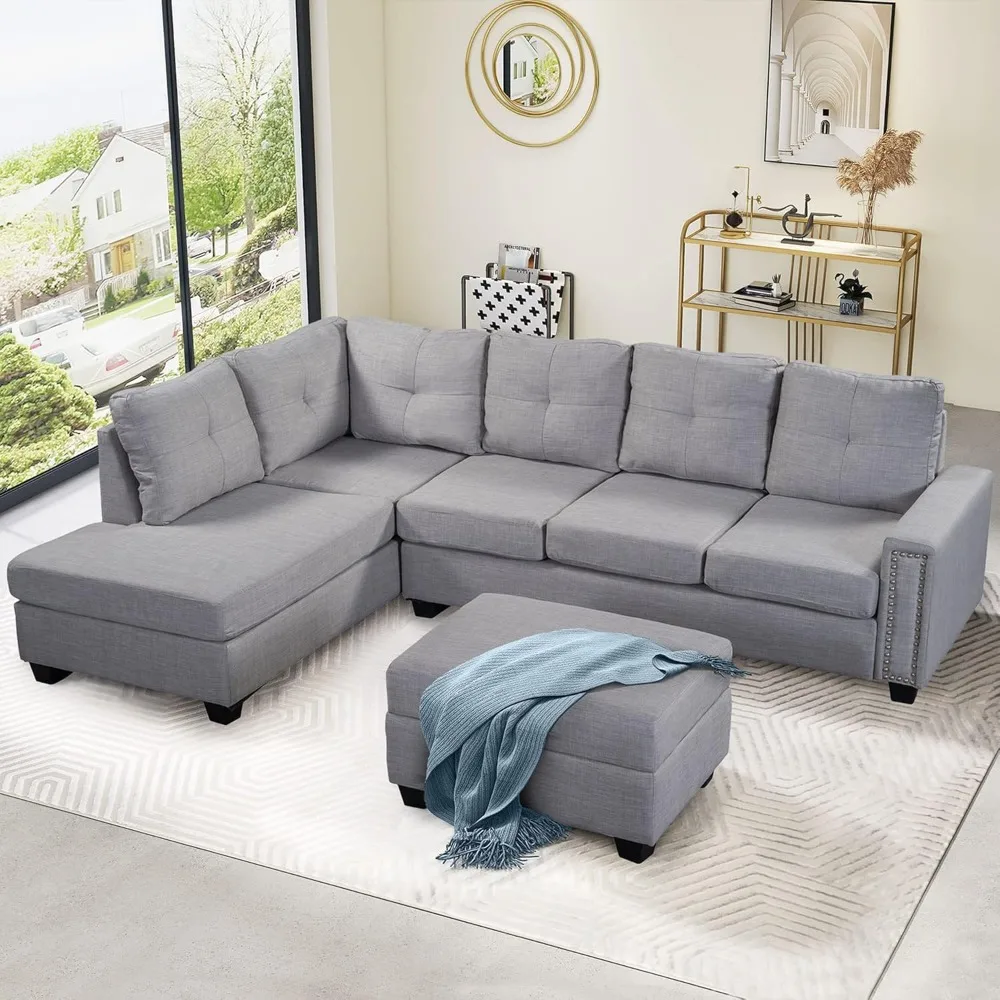 

108 * 72.4" Reversible Sectional Sofa,with Storage Bench,L-Shaped Convertible Modular Couch,Rivet Ornament Backrest,Light Gery