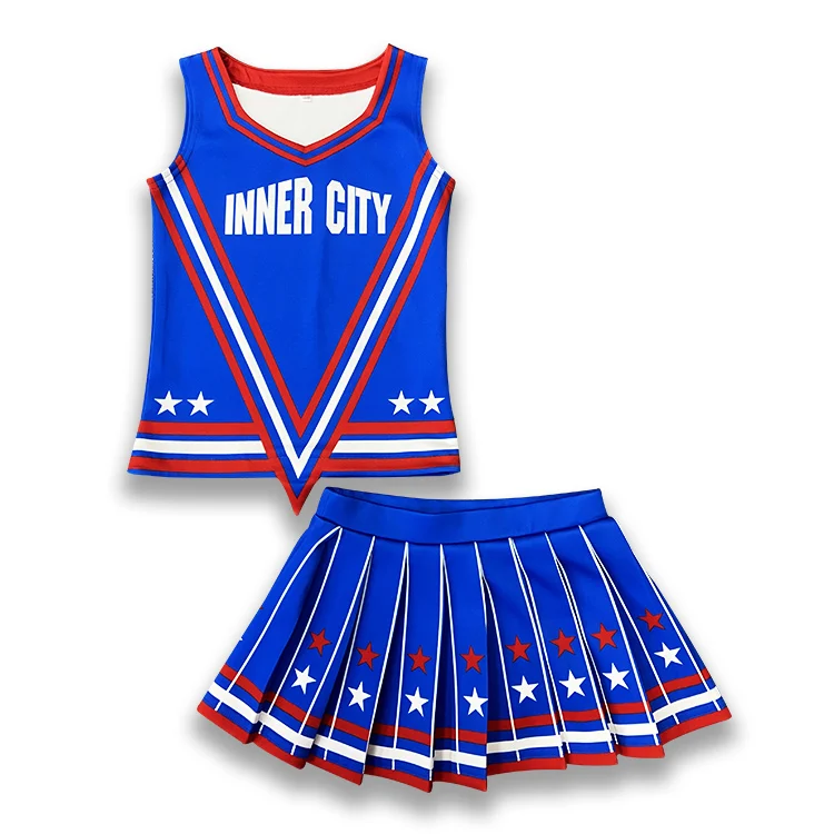 ชุดเชียร์ลีดเดอร์แบบกำหนดเอง ผ้าซับลิเมชั่น ยืดหยุ่น กระโปรงและเสื้อเจอร์ซีย์สำหรับผู้หญิงและเด็กนักเรียน