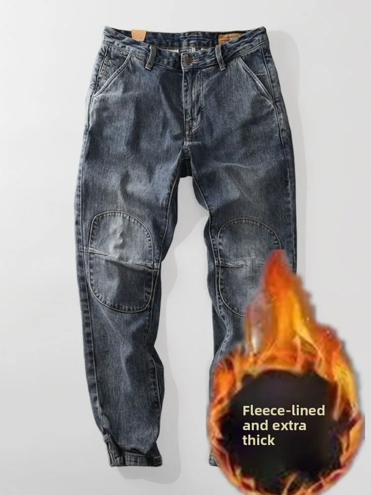 

Winter New Casual Men's Jeans Thiened Wear-resistant Waed Patchwork American Retro Loose Fit Cuffed Denim Pants