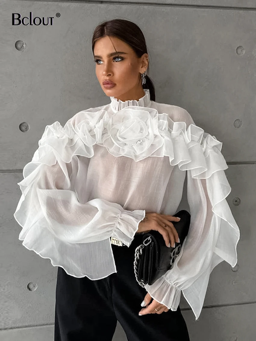 Bclout Elegant Ruffled Red Shirts Blouses For Women 2024 Fashion Flowers Long Sleeve Loose Shirts Spring Party Stand Collar Tops