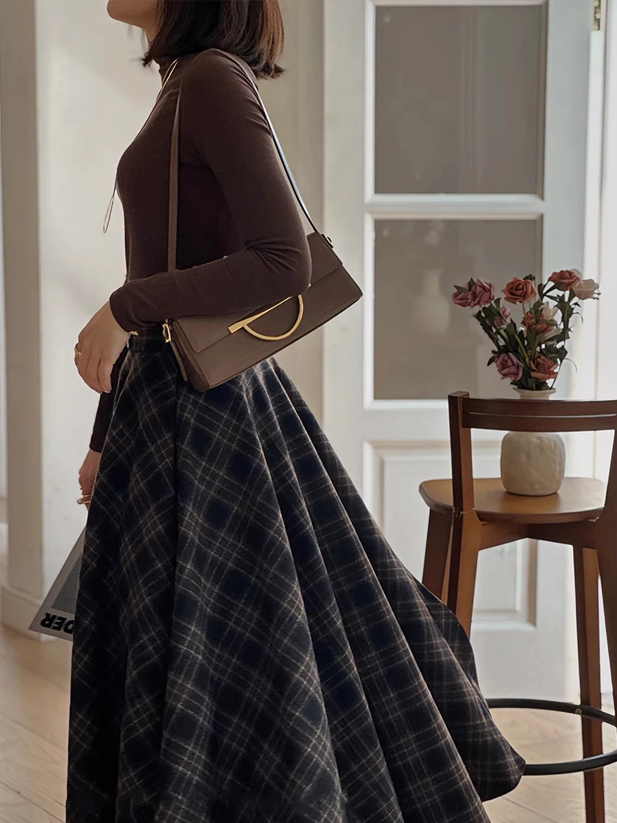 

Клетчатая юбка с высокой талией, женские тонкие юбки трапециевидной формы, корейские осенне-зимние утягивающие модные юбки для поездок на работу