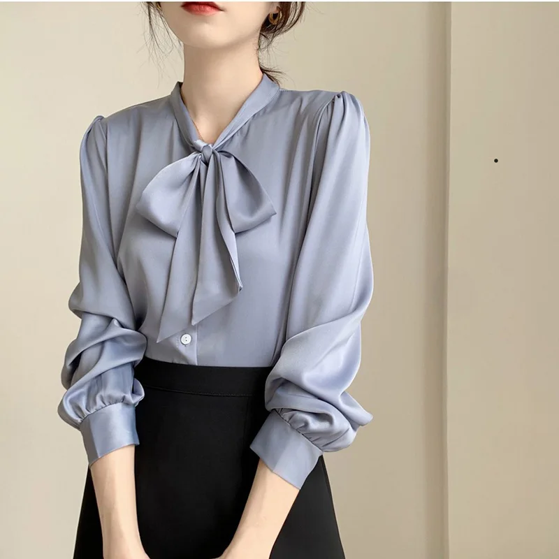 Elegant V-Neck Bow Long Sleeve Loose Satin Blouse Plus Size Spring Autumn Solid Color Tops Fashion Commute Women Clothing Shirt