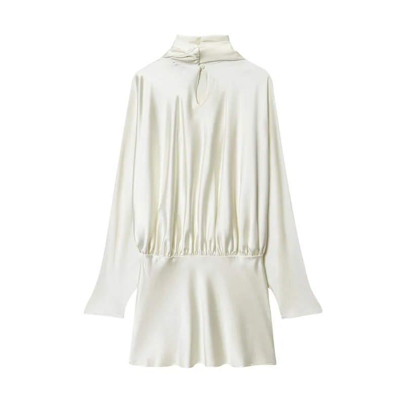 2026 Lente Nieuwe Elegante Satijnen Sjaalkraag Mini-jurk Vrouwen High Street Lange Mouw Korte Jurk Mode Dames Chique Jurken