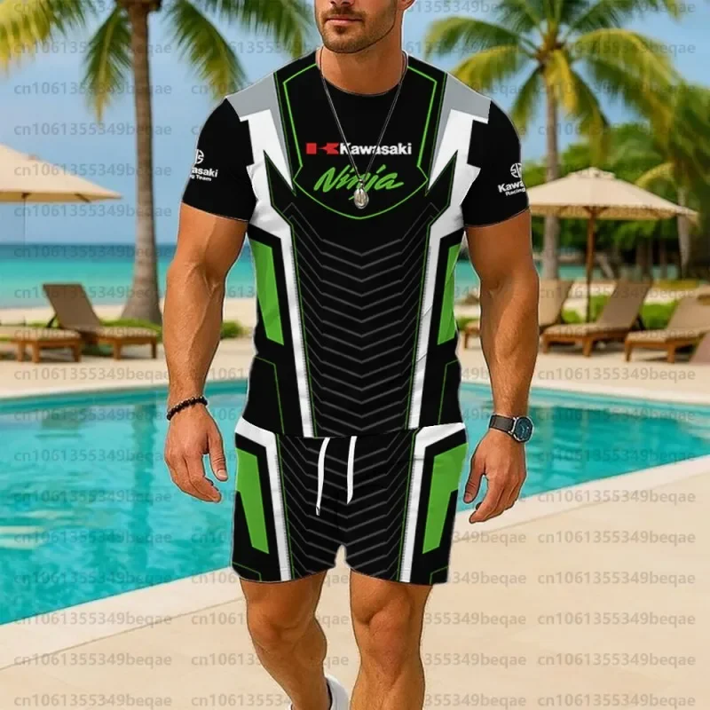 

Мужской комплект из двух предметов для экстремальных видов спорта Kawasaki, стильная спортивная футболка с круглым вырезом, эксклюзивный мотоцикл, популярная модель 2025 года
