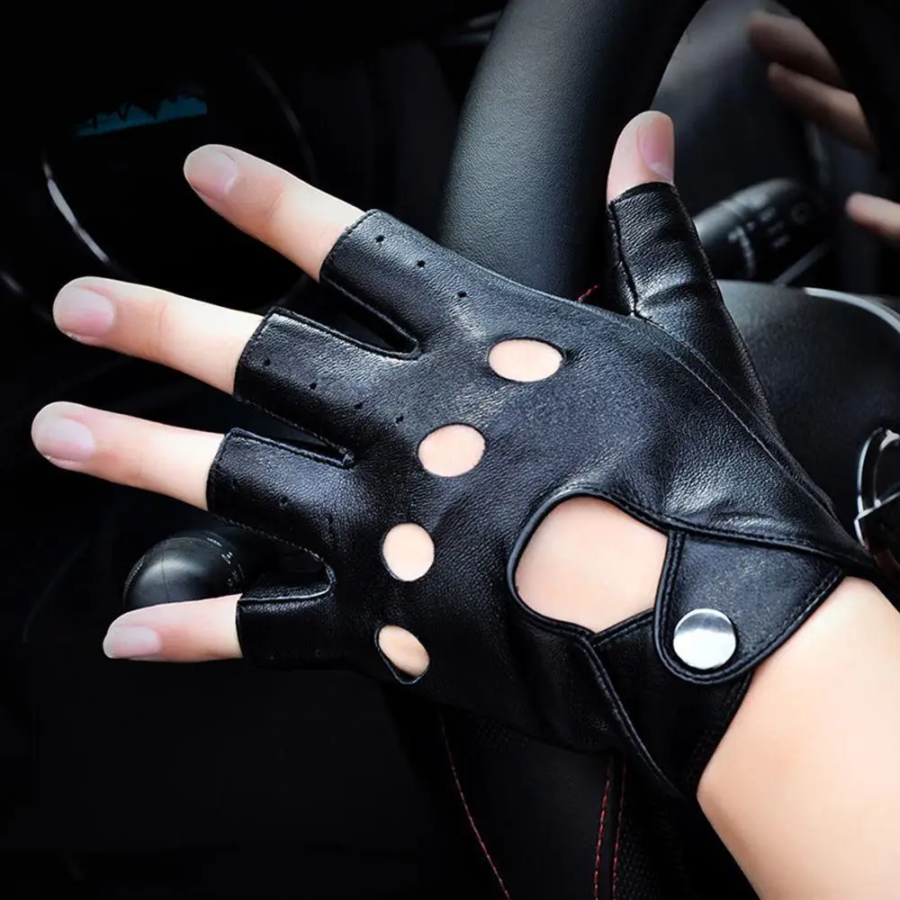 

Fashion Black Women Fingerless Gloves Driving PU Leather Gloves Half Finger