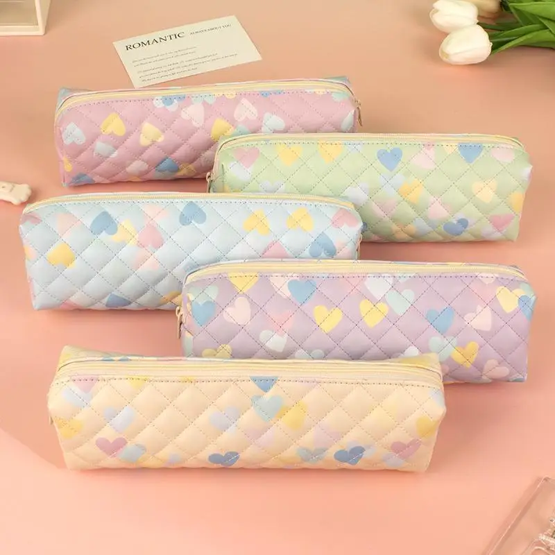 Heart Pattern PU Waterproof Portable Pencil Case 1Pcs Fashion Pencil Bag for Student Back To School Essentials