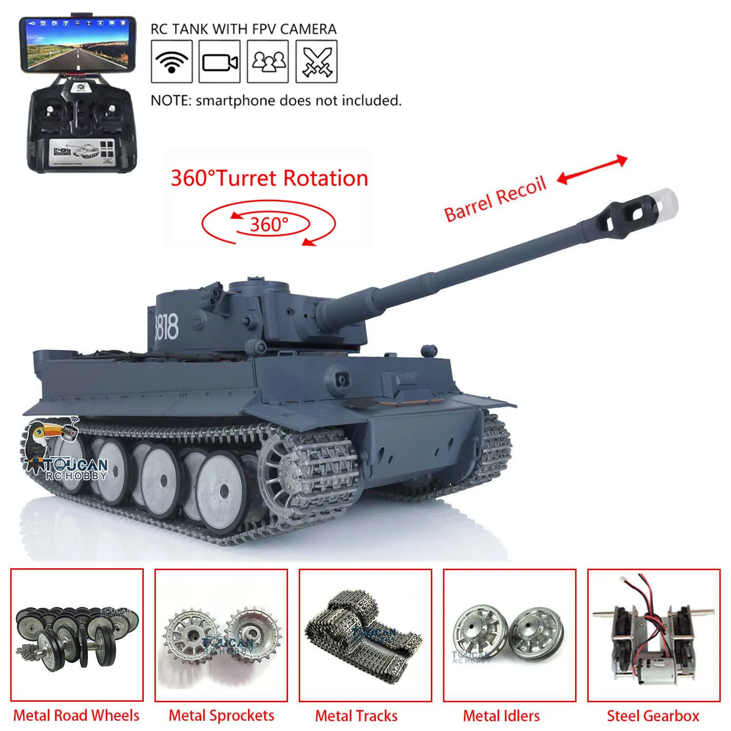 Pro Ver Heng Long TOUCAN 1/16 7.0 Tiger I RC Tank 3818 FPV Camera Barrel Recoil Metal Tracks Wheels BBs Airsoft IR Engine Sound view 6