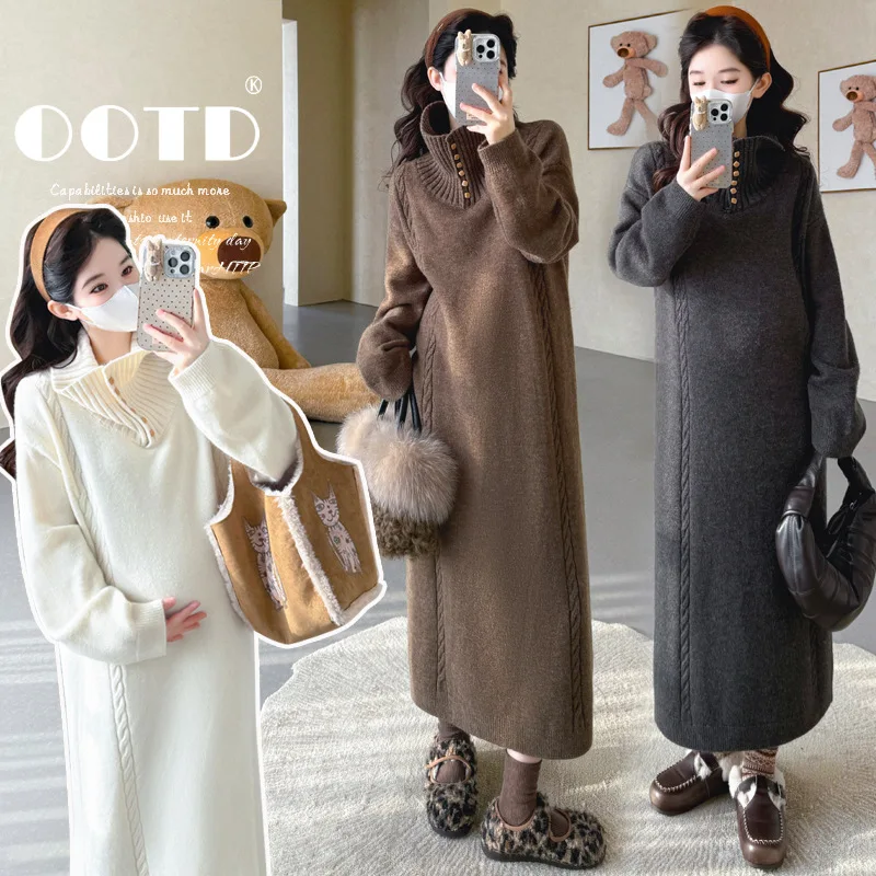 Maternity Dress Autumn Winter Minimalist Versatile Cable Knit High Neck Knitted Maxi Dress For Pregnant Women