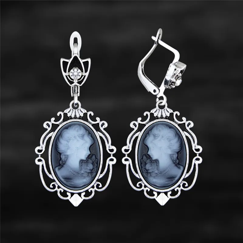 Victoria Pendant Lady Queen Cameo Earrings For Women Antique Silver Plated Flower Plant Vintage Look Fashion Jewelry