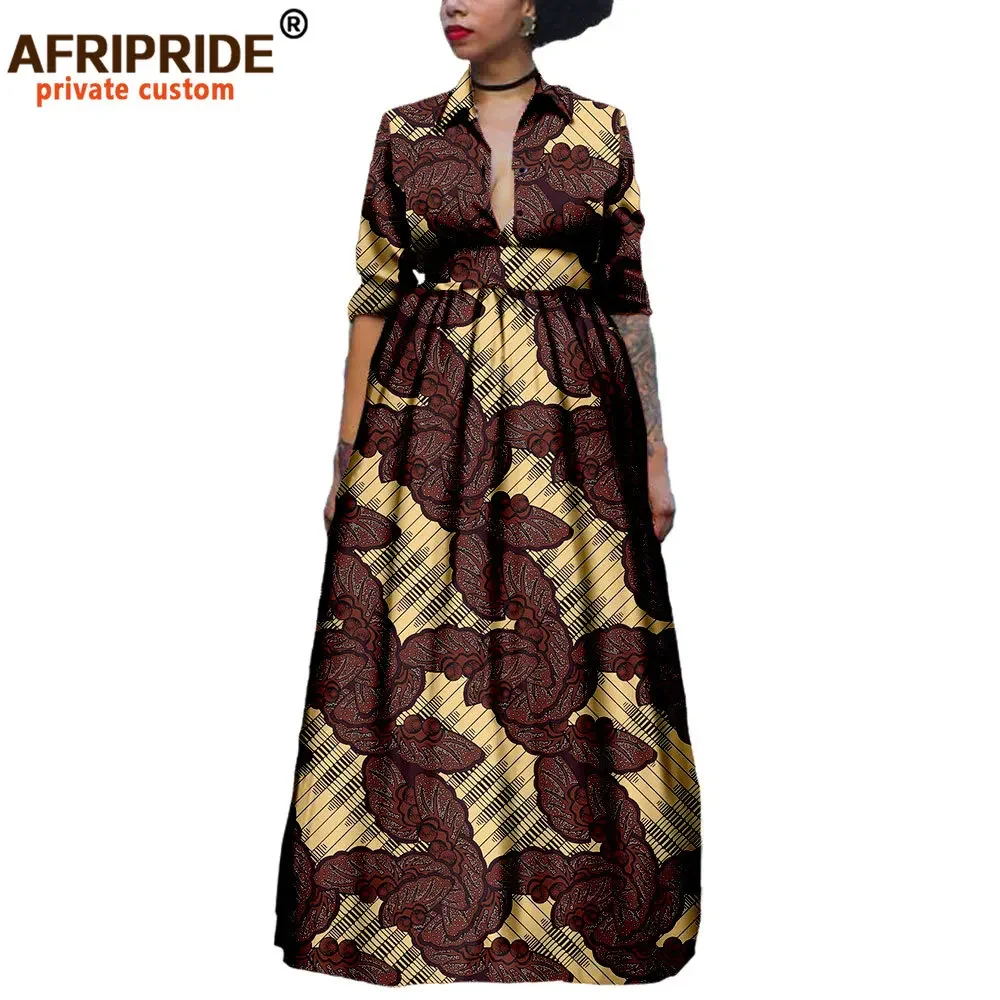 2025 African Long Maxi Dresses for Women Half Sleeve Ankle-length Notched Collar Party Dress Print Ankara AFRIPRIDE A1825075