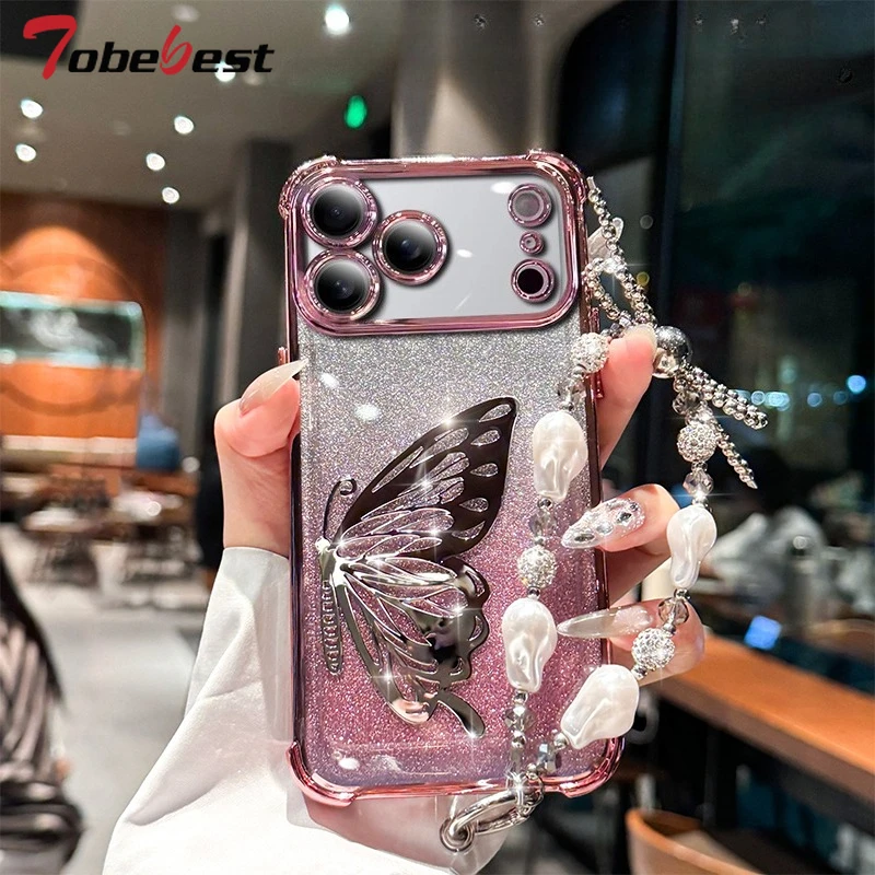 Laser-Schmetterlings-Glitzer-Armbandhülle mit stoßfester Beschichtung für iPhone 17 Air 16 16E 15 14 Plus 13 12 Mini 11 Pro XS Max Cover