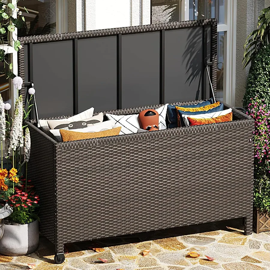 Wicker Deck Box for Outdoor Use, All-Weather Resistant Polyethylene Material, Natural Brown Color, 120L Large Capacity Lockable