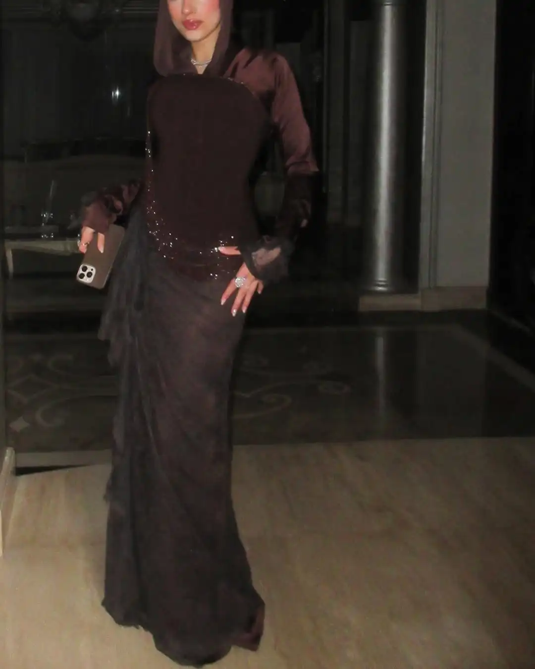 Opulent Saudi Luxury Trend Maxi Hooded Silver-thread Chiffon Satin Paneled Waist Pleated Evening Prom Formal Party Dress