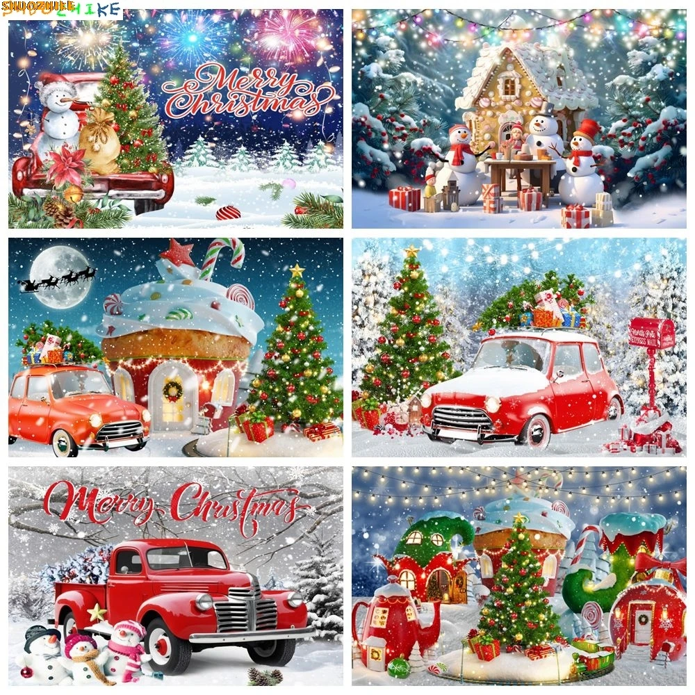 

Christmas Photography Backdrop Snow Snowman Xmas Tree Red Truck Candy House Winter Baby Kids Family Party Photo Background Decor