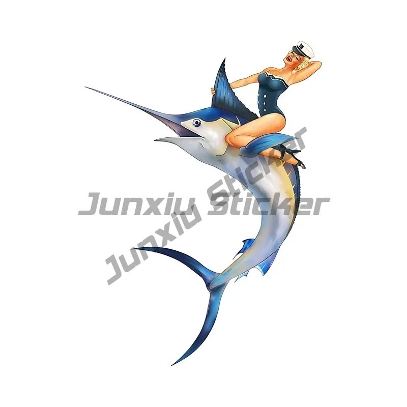 Pin Up Girl Sitting on Tuna Car Sticker Bikini Woman Retro Fish Tackle Box Decal Waterproof Toolbox Car Accessories view 4