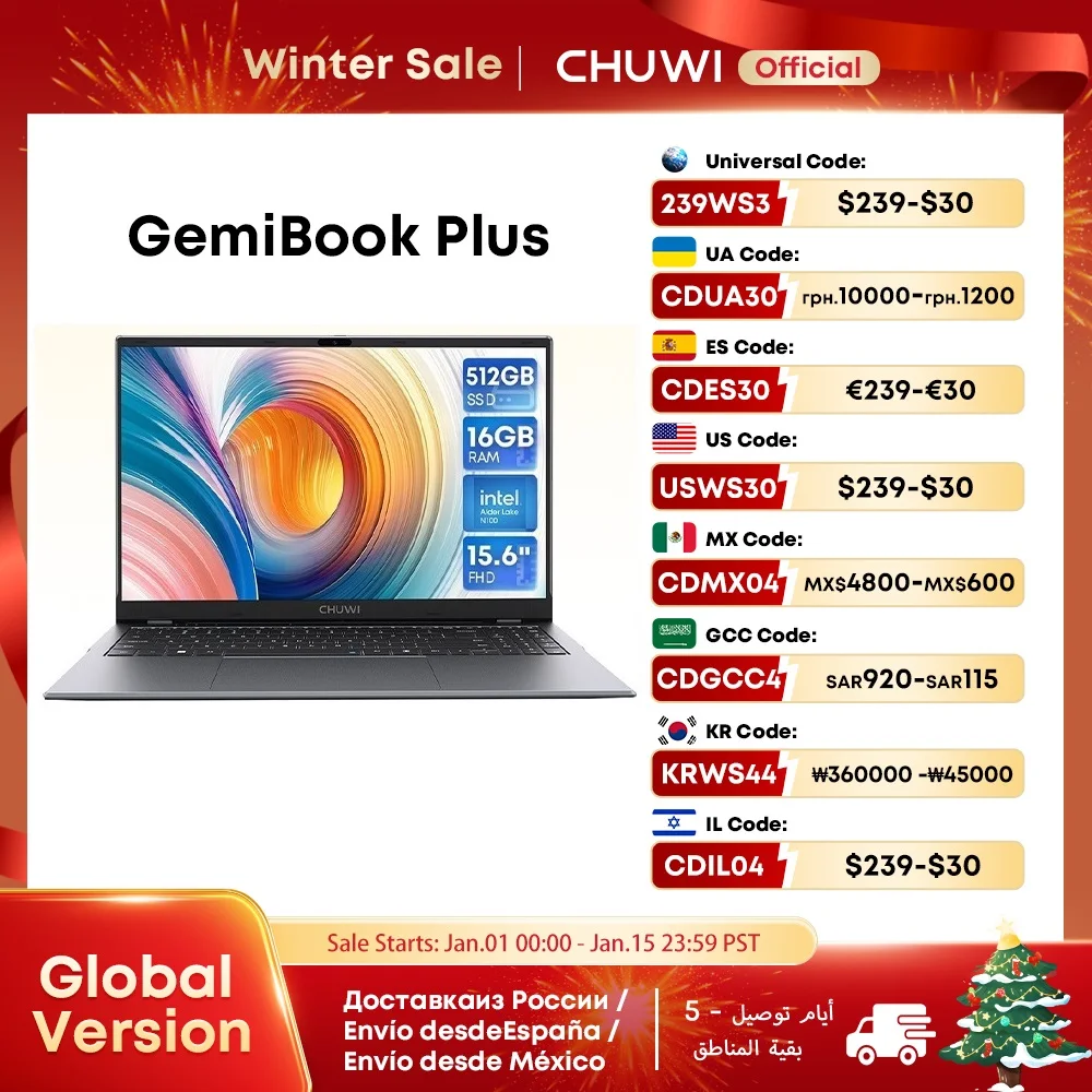 CHUWI GemiBook Plus 15.6'' Laptop 16GB RAM 512GB SSD Computer Windows 11 Laptop 12th Gen Intel Alder Lake N100 (Up to 3.4GHz)