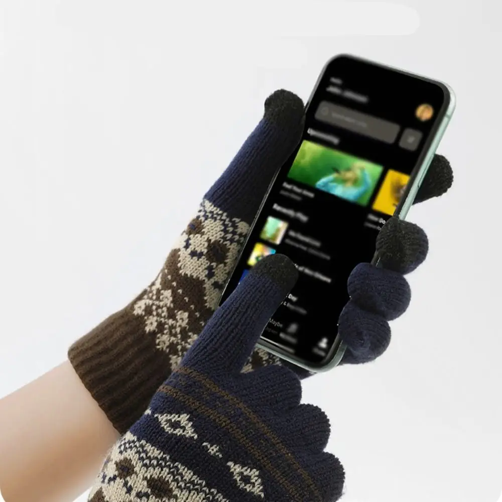 Warm Thick Knitted Gloves Driving Gloves Velvet Jacquard Gloves Touchscreen Thermal Men Wool Mittens Autumn