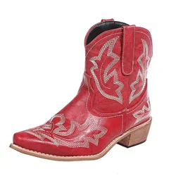 Vintage Embroidery Cowboy Woman Boots 2023 Autumn Winter Thick Heels Ankle Boots For Women Red PU Leather Western Botas Mujer