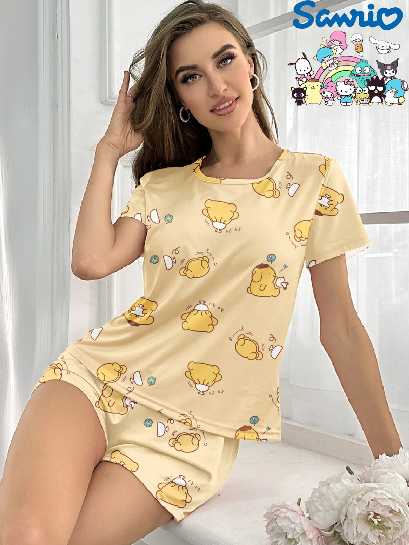 

Sanrio series pudding dog short-sleeved shorts round neck milk silk casual pajamas loungewear set