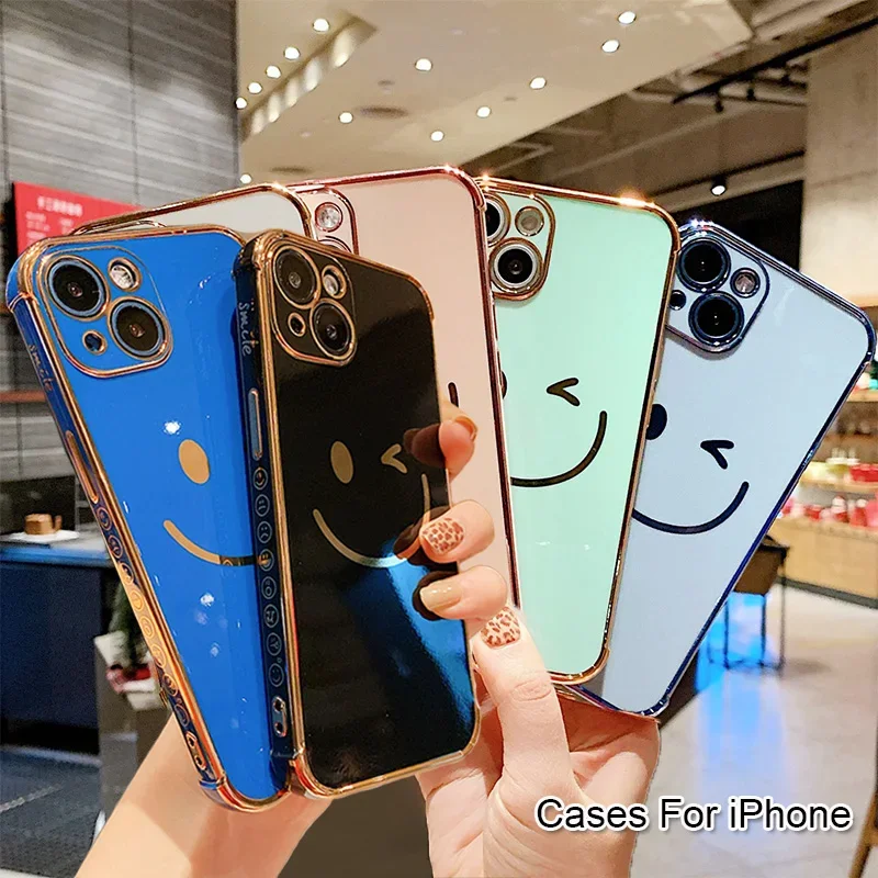 

Electroplating Side Happy Face Phone Case For IPhone 16 15 14 13 12 11 Pro Max XR 8 Plus SE2/SE3 Shockproof Back Cover