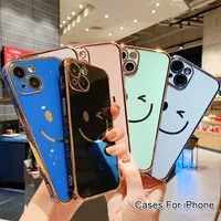 Electroplating Side Happy Face Phone Case For IPhone 16 15 14 13 12 11 Pro Max XR 8 Plus SE2/SE3 Shockproof Back Cover