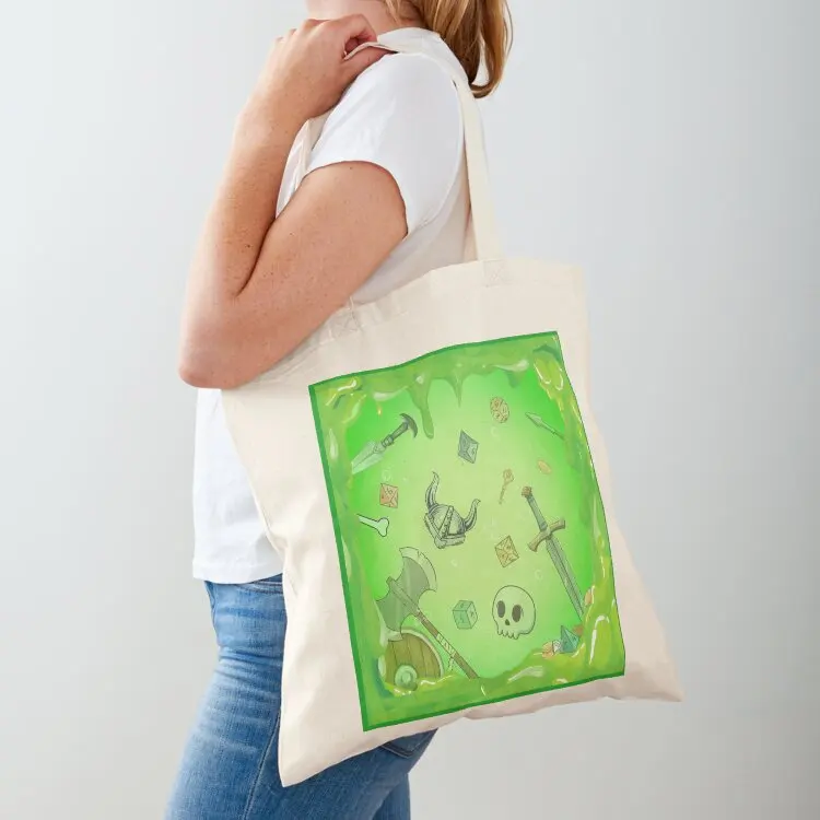 GELATINOUS CUBE: Green ooze dnd monster, dnd dice, skull, loot, axe and sword Tote Bag shopper bags for women Reusable bags