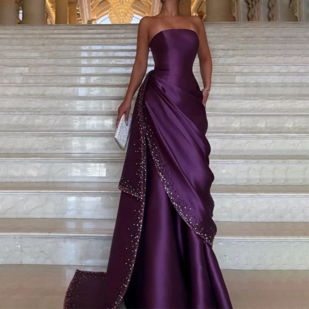 

Grape Purple Evening Dress Customized Strapless Pleated Satin Sequin Mermaid Prom Gowns Lace-up Back Party Dress 2025