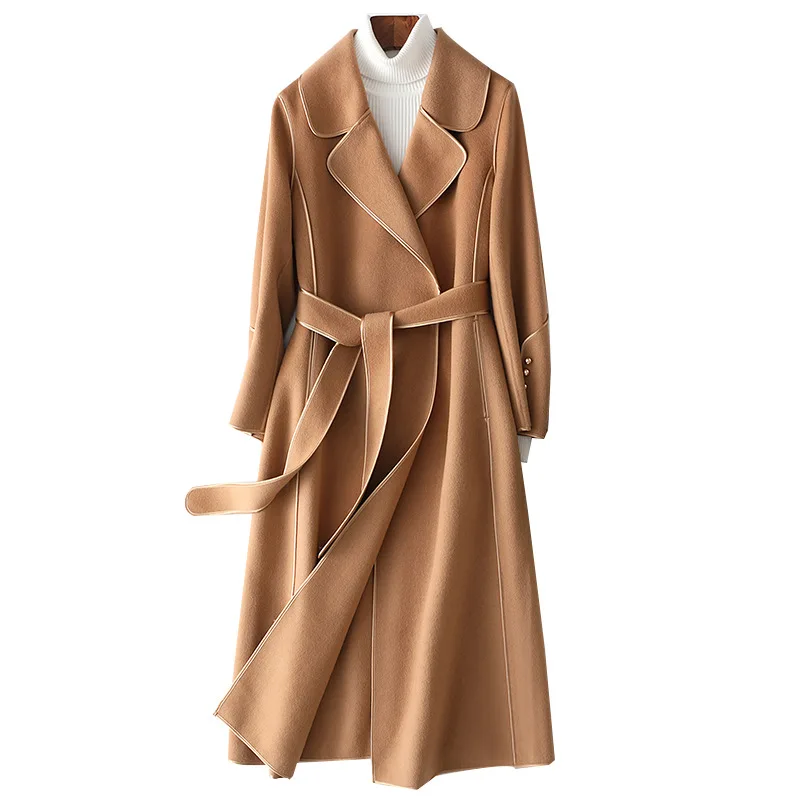 2024 Women Autumn Coats Drouble Face Wool Long Coats With Belt Women Elegant Cashmere Coat Veste Femme Tops New