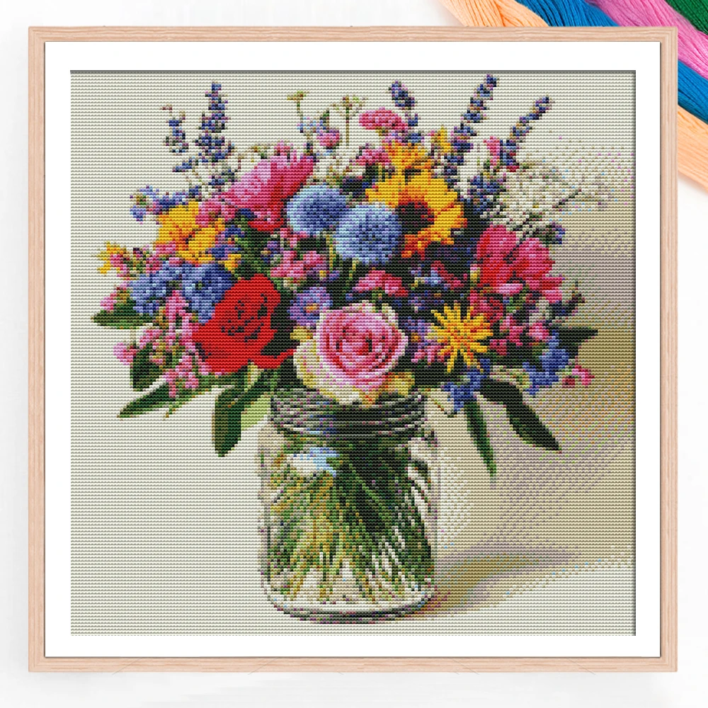 DIY Kreuzstich-Set: Dekorative Rose und Sonnenblume in Vase, Komplettes Stickerei-Kit mit Blumenmuster, Einzigartiges Weihnachtsgeschenk, Moderne Heimdekoration